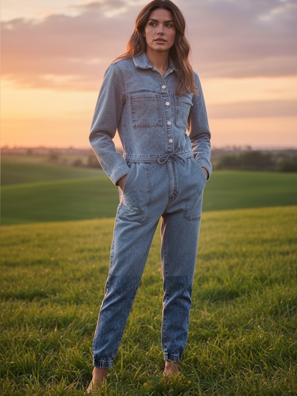 Thrill Denim Washed Denim Button-Front Jumpsuit
